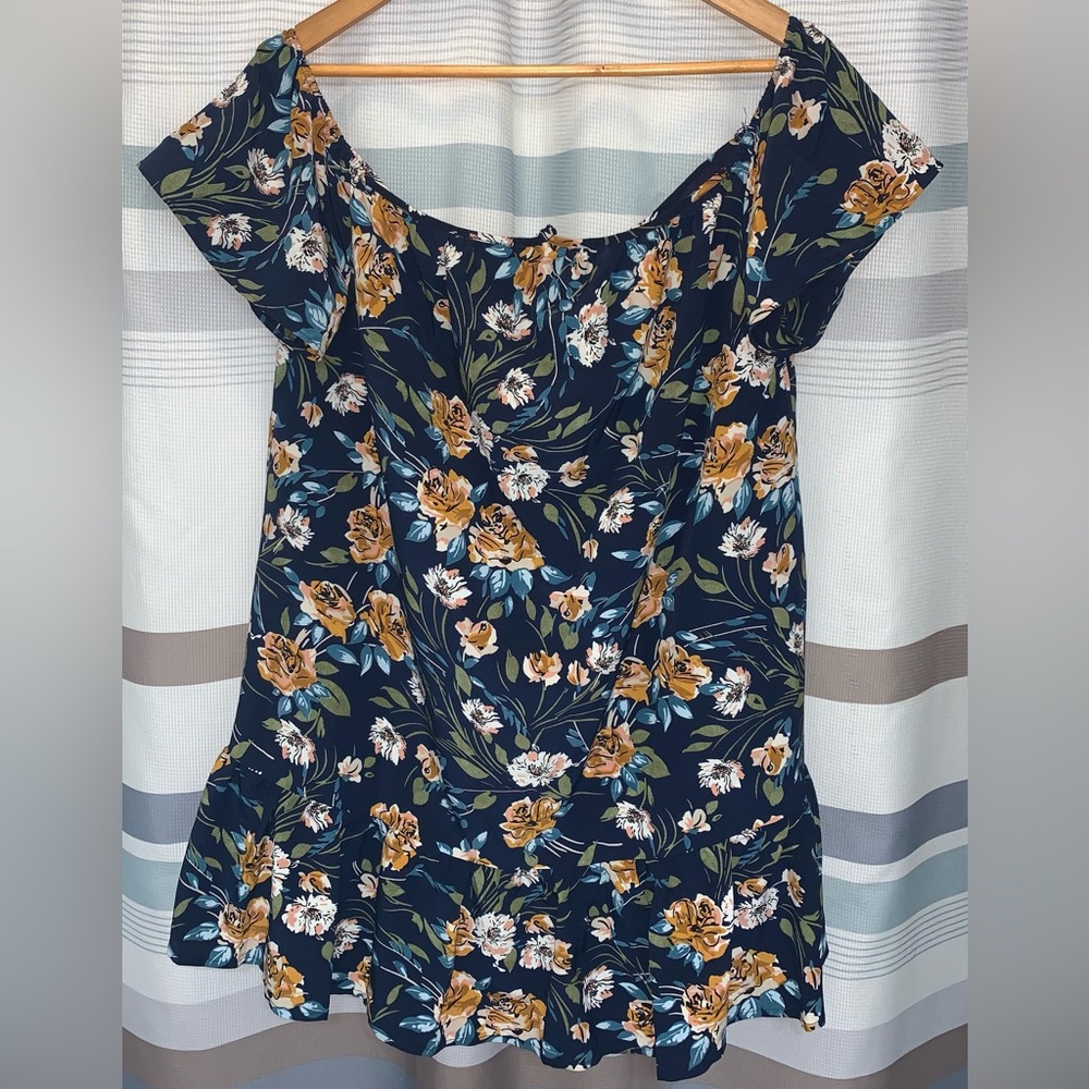 NWT Hommage Los Angeles Navy Blue & Yellow Floral Print Off-the-Shoulder Dress
